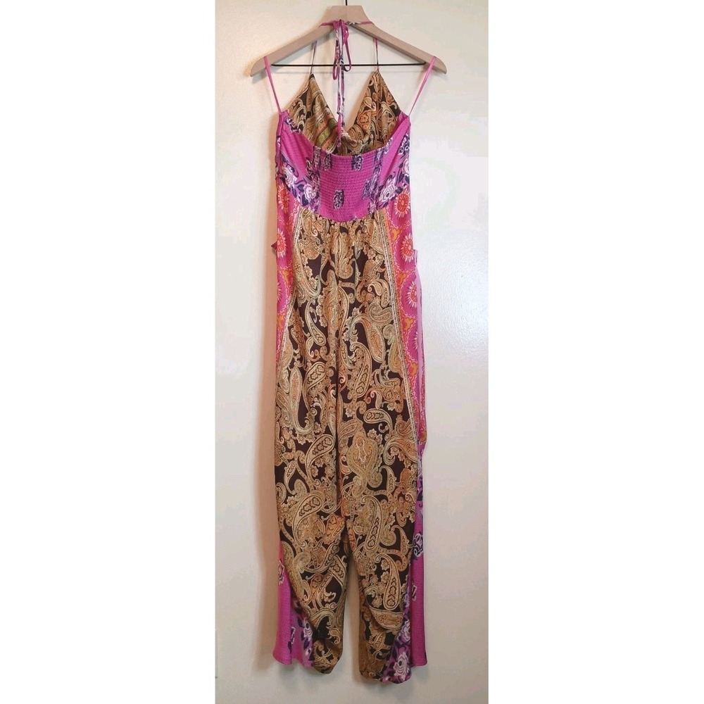 Free People Miranda Satin Patchwork Jumpsuit Wide Leg Smocked Back L - Picture 7 of 13